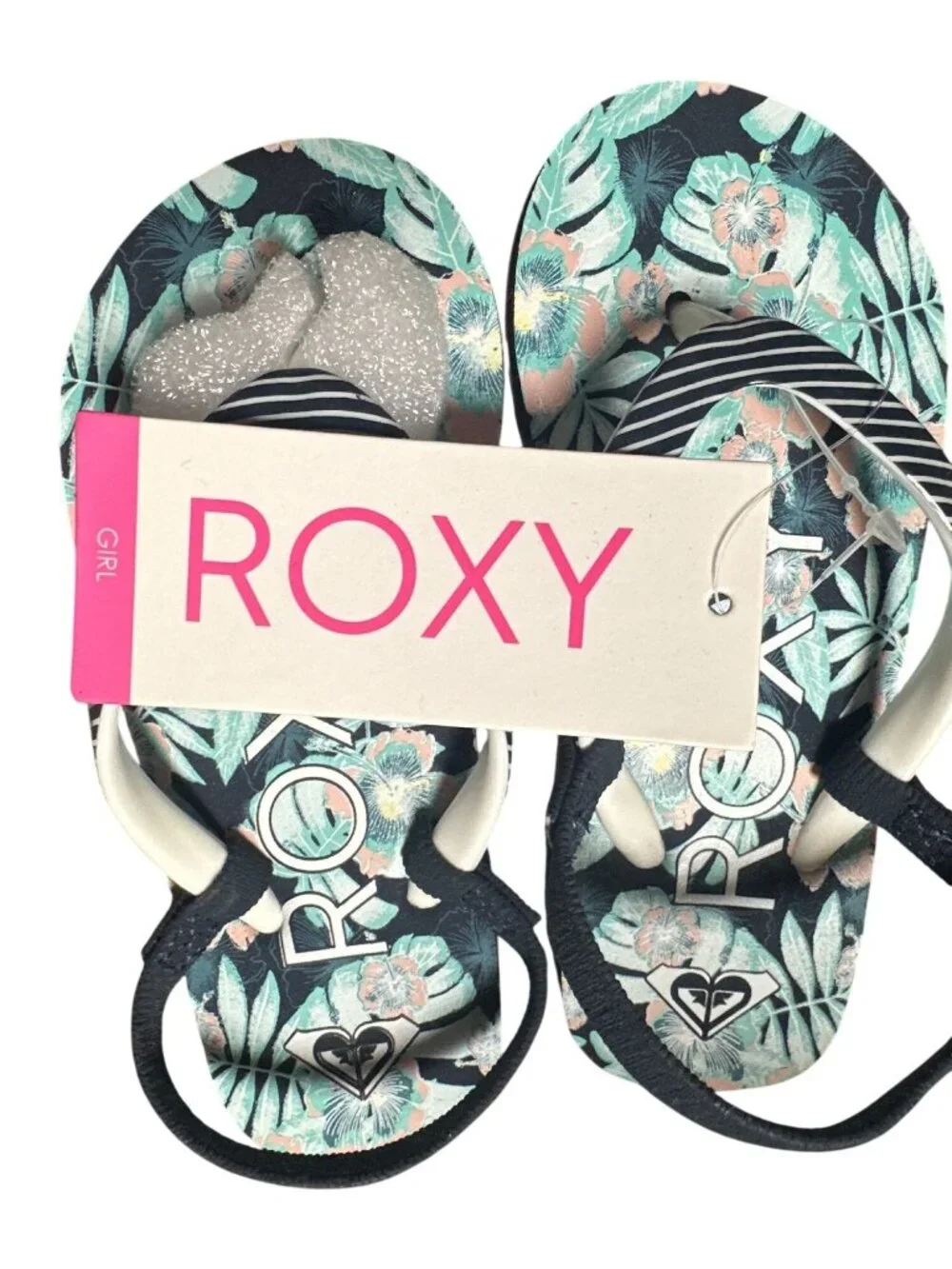 Roxy Girl Size 10 Pink Black Green Tropical Print Flip Flops Floral Summer Beach